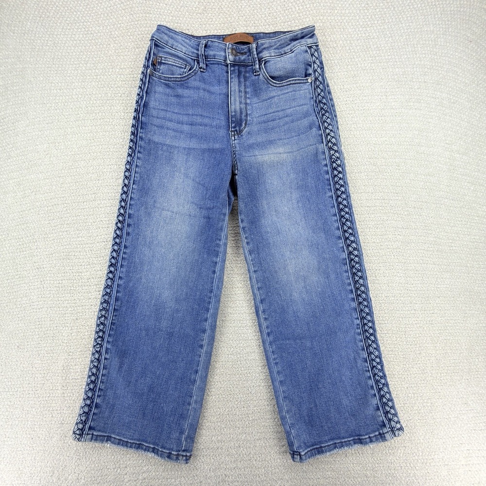 Judy Blue Jeans Womens 5 /27 She's French Braided Wide Leg Crop Stretch Bohemian